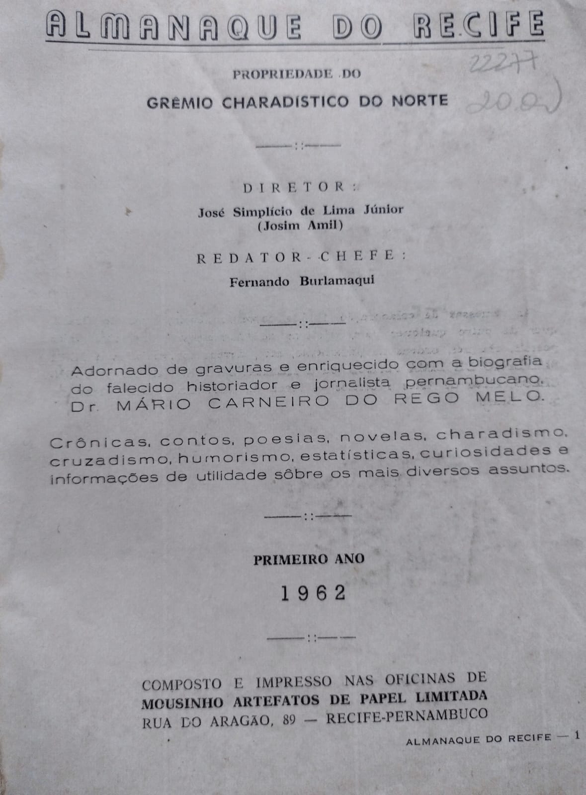 Almanaque Do Recife 1962 - Lítero-charadístico - Reencadernado
